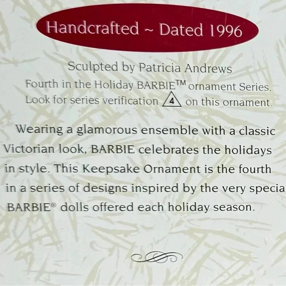 HOLIDAY BARBIE 1996 HALLMARK Ornament Victorian Dress Handcrafted Collector Item - Picture 5 of 13